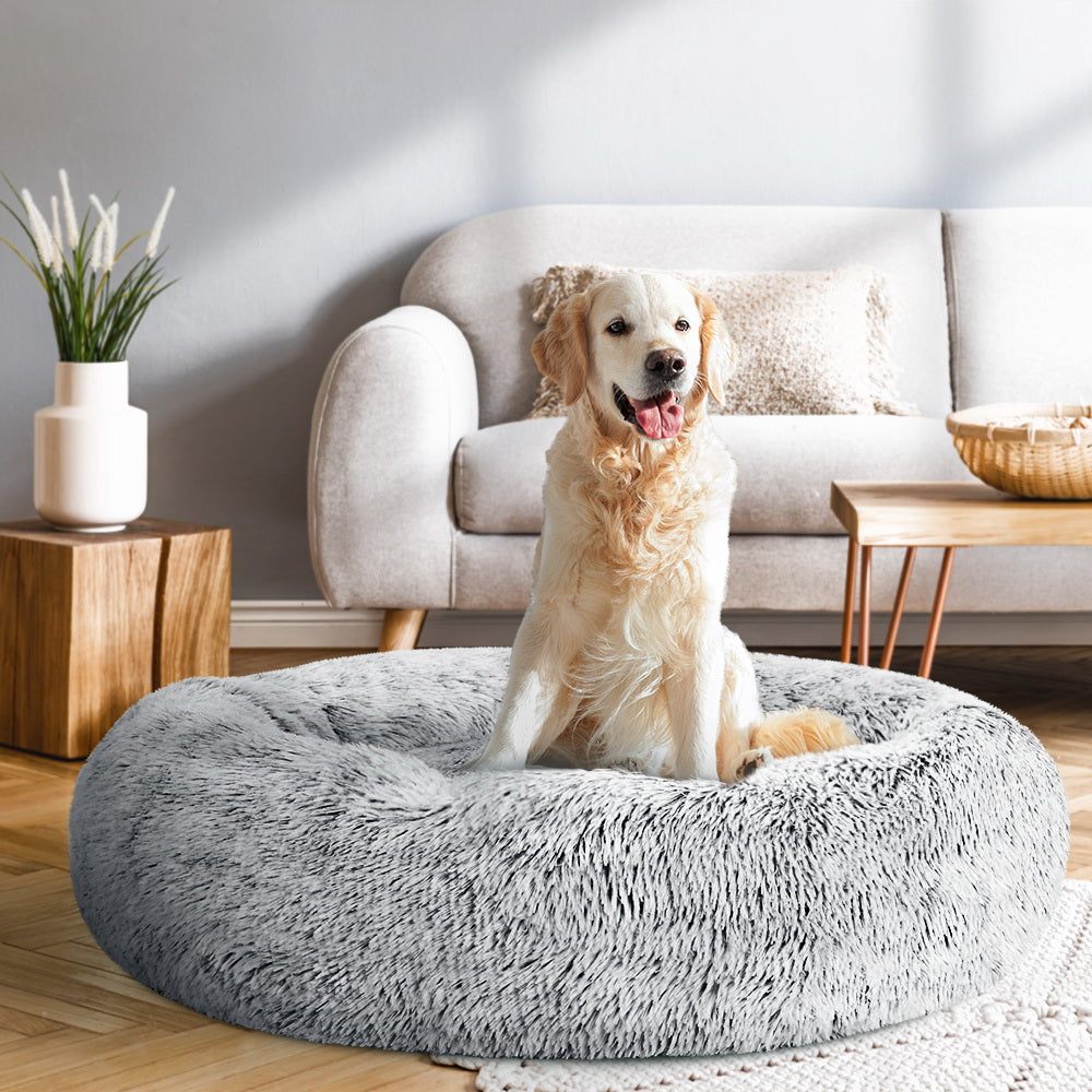 Large Calming Plush Pet Bed for Dogs and Cats – 90cm Light Charcoal