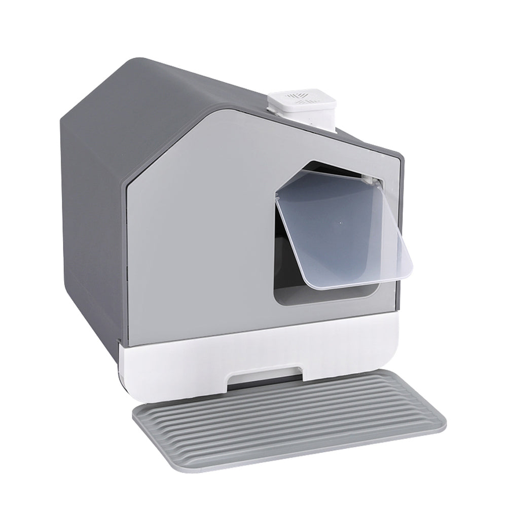 Large Enclosed Cat Litter Box with Tray, Hooded Design, Scoop, and Mat in Grey