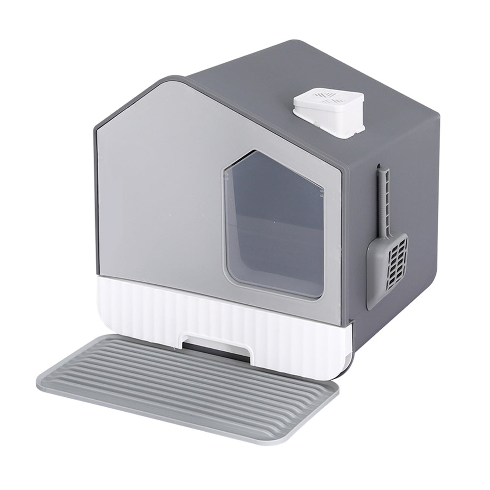 Large Enclosed Cat Litter Box with Tray, Hooded Design, Scoop, and Mat in Grey