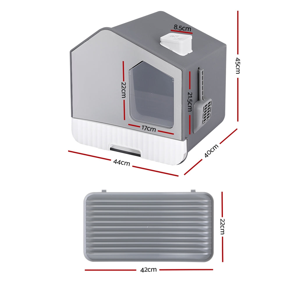 Large Enclosed Cat Litter Box with Tray, Hooded Design, Scoop, and Mat in Grey