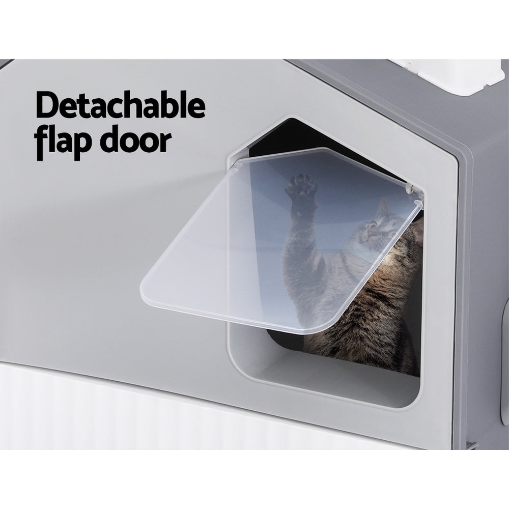 Large Enclosed Cat Litter Box with Tray, Hooded Design, Scoop, and Mat in Grey