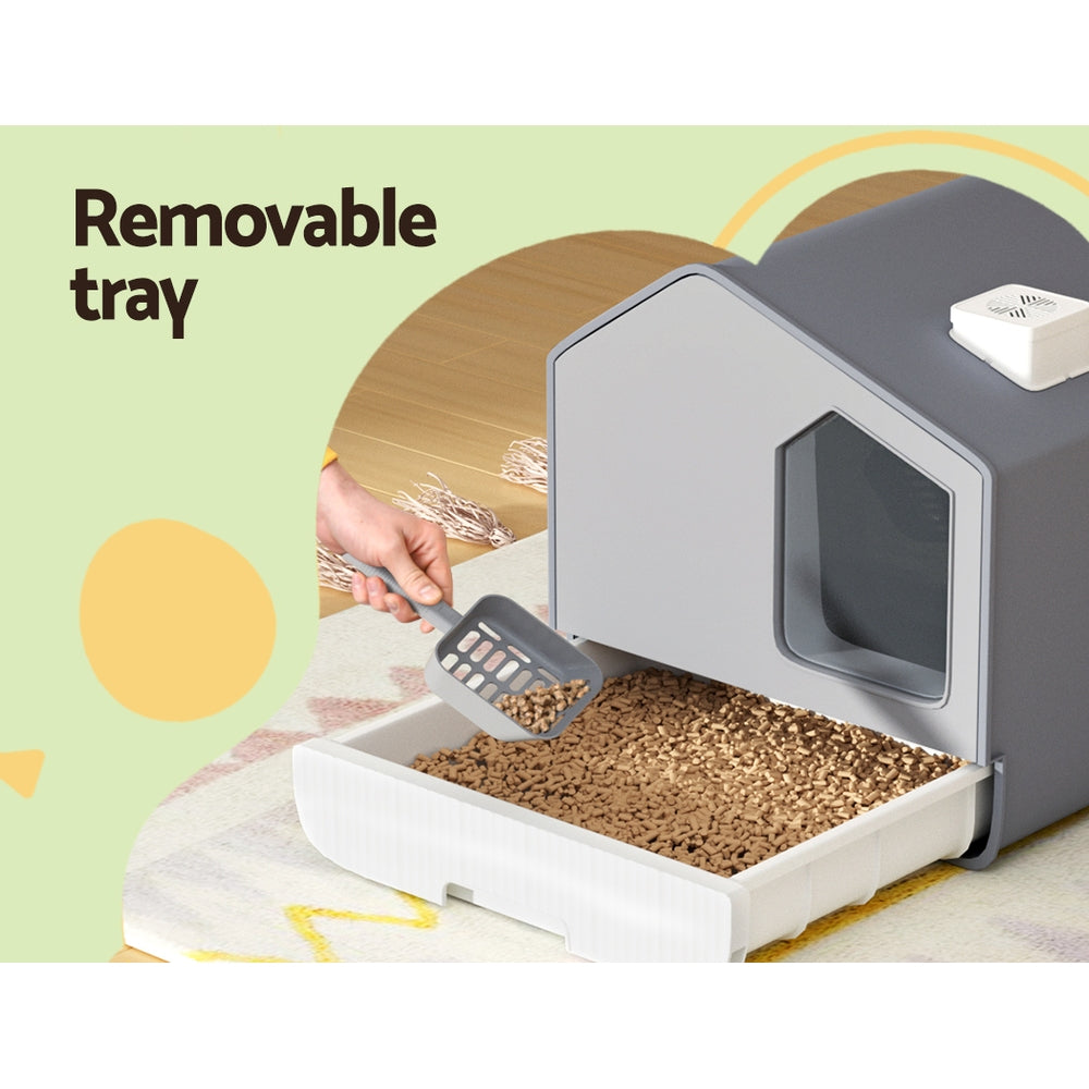 Large Enclosed Cat Litter Box with Tray, Hooded Design, Scoop, and Mat in Grey