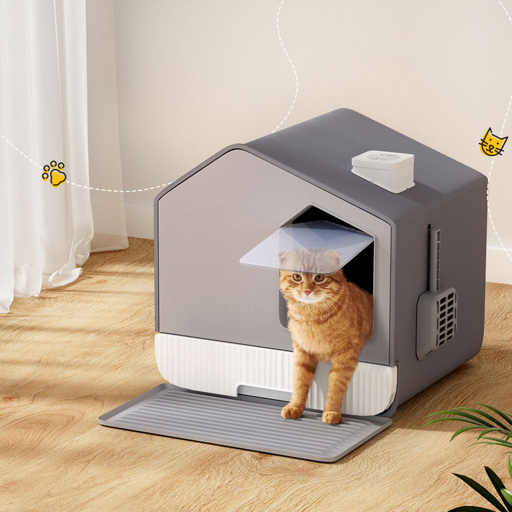 Large Enclosed Cat Litter Box with Tray, Hooded Design, Scoop, and Mat in Grey